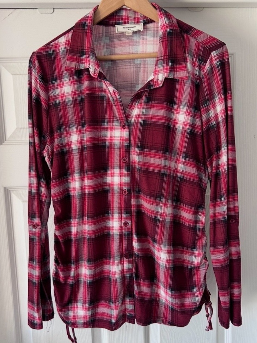 Cotton Plaid Button-Up Shirt with Stretch Cinch Sides